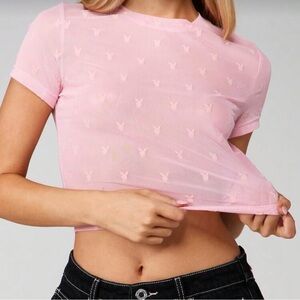 Playboy x Missguided Pink Sheer Short Sleeve Top
